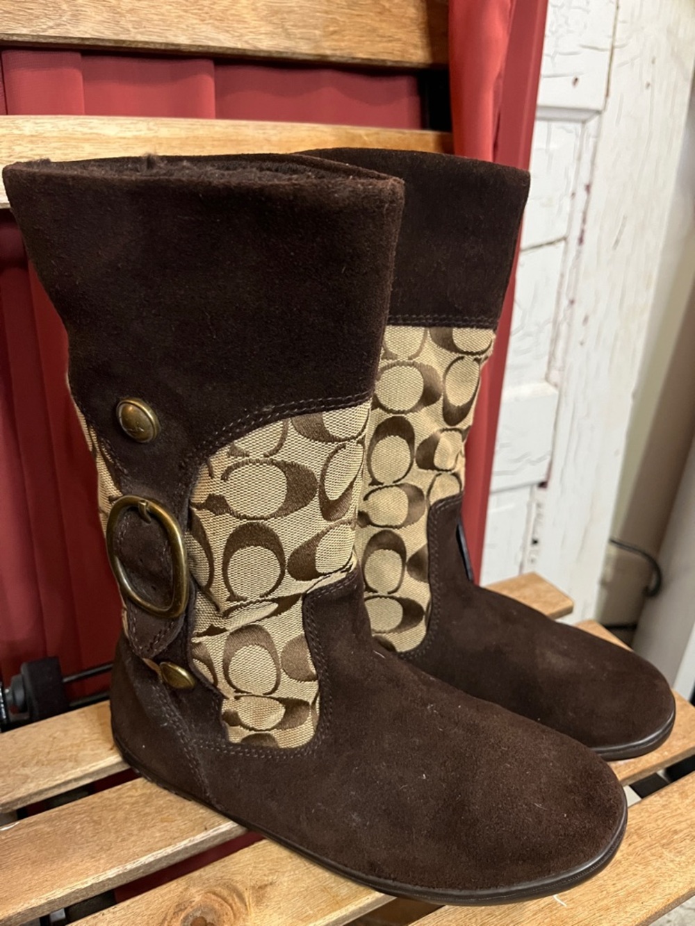 Coach “MEYER” Boots Brown Suede & Signature Logo Mid-Calf Sz 6B